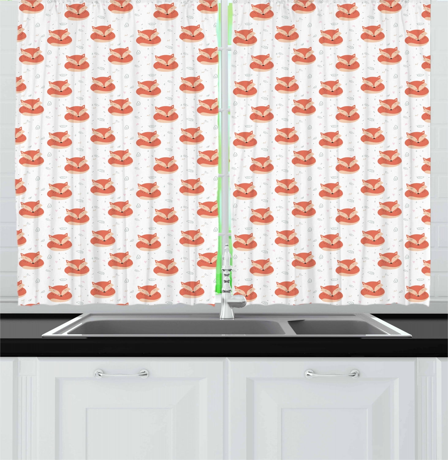Fox Curtains 2 Panels Set, Cute Sleeping Animals Pattern on Heats and Leaves Background Vintage Inspirations, Window Drapes for Living Room Bedroom, 55W X 39L Inches, Coral Beige, by Ambesonne