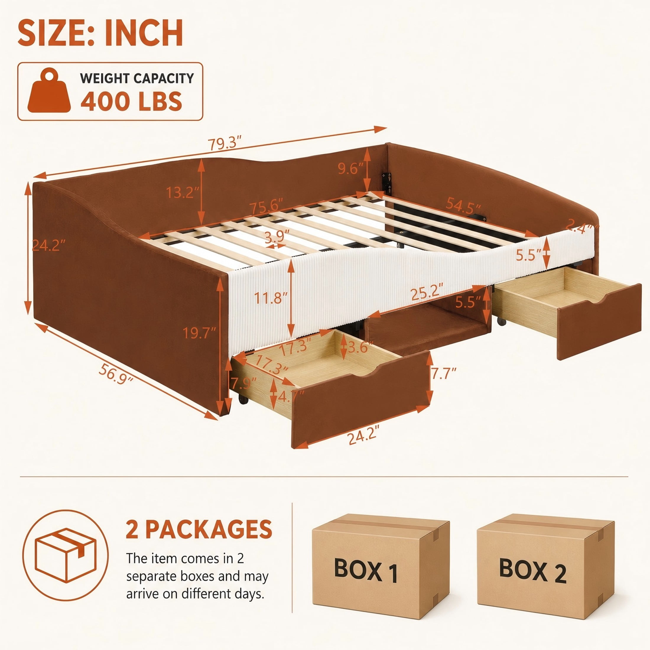 Aukfa Full Size Upholstered Daybed with 2 Storage Drawers, Shelf and Curved Guardrails, Velvet Bed Frame, Brown