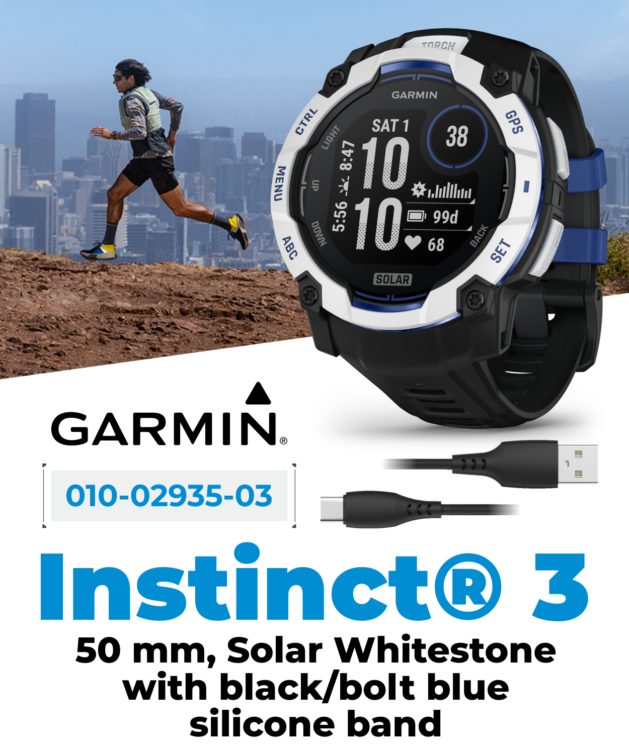 Garmin Instinct 3 Rugged Outdoor GPS Smartwatch 50mm Solar, Supernova Collection, Health & Fitness Tracking, Unlimited Battery, Whitestone/Bolt Blue w/ Wearable4U PowerBank Bundle