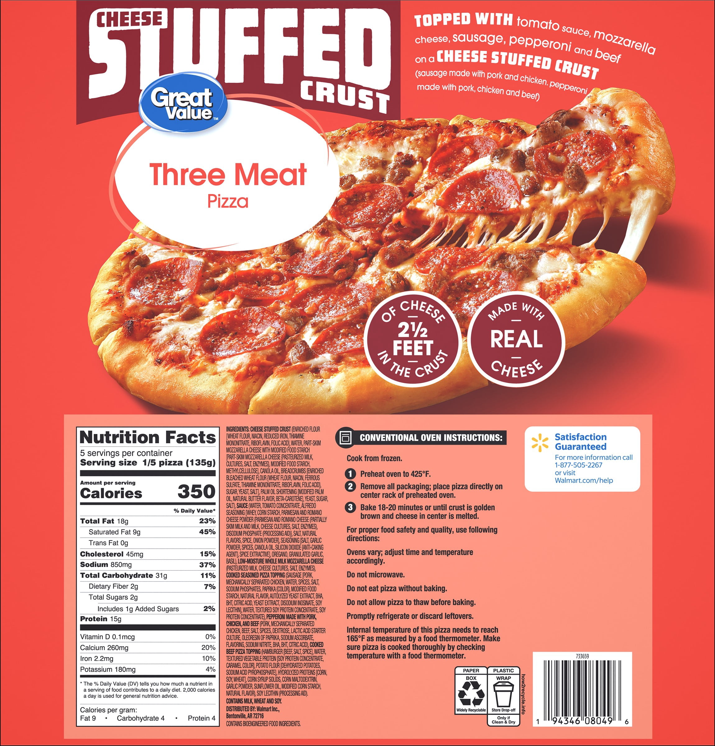 Great Value Stuffed Crust 3 Meat Pizza, Tomato Basil Garlic Sauce, 23.75 oz (Frozen)