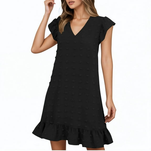 Women's Casual Dress V Neck Midi Dress With Cap Sleeve Ruffle Detail For Daily Wear Vacation Beach Spring Summer Outfit