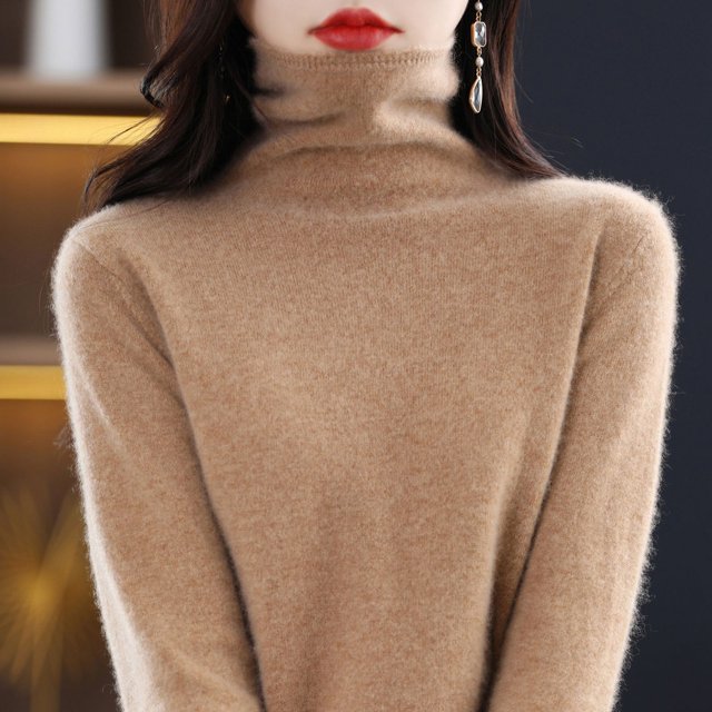 Suéter de lana para mujer, suéter de cuello alto de otoño e invierno, suéter suelto sin costuras, suéter de cachemira
