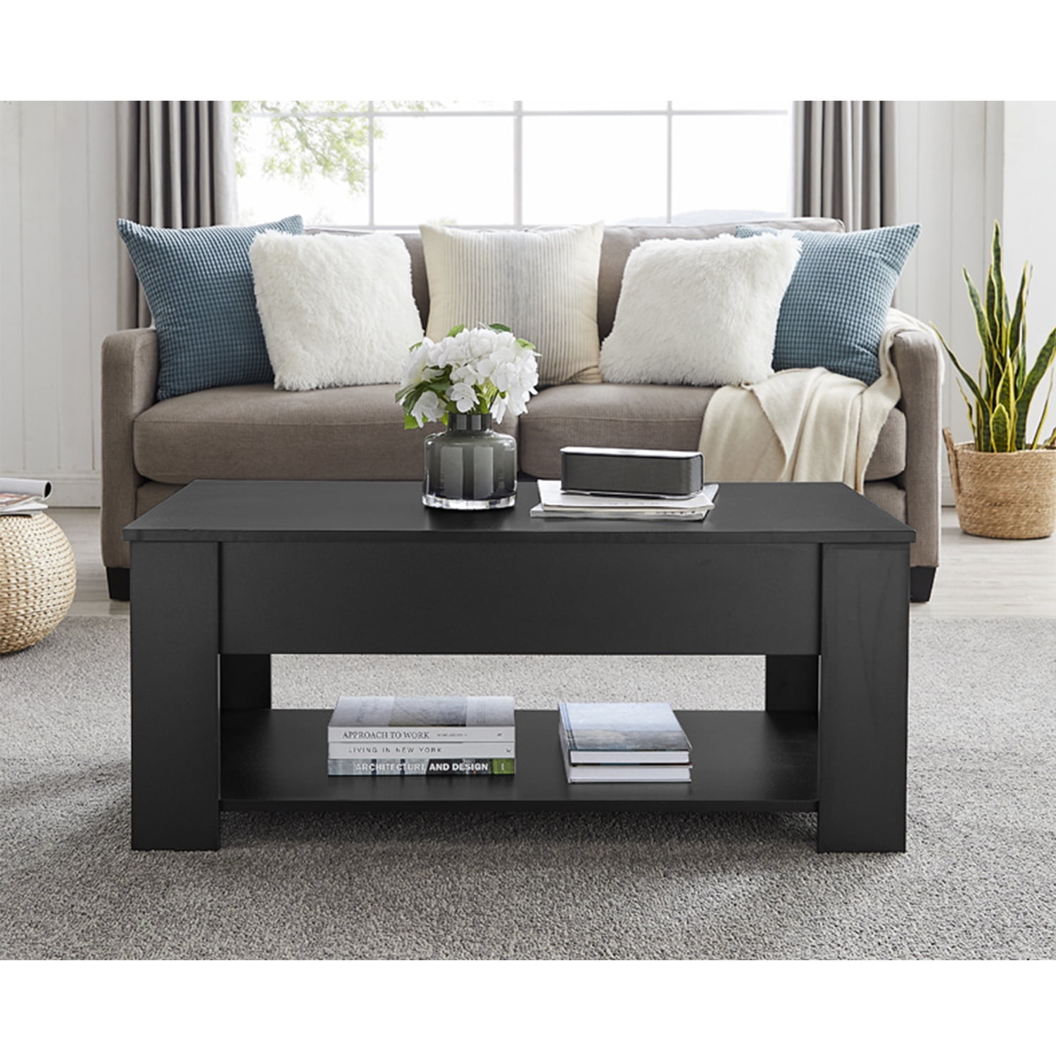 Kadyn Modern Wood Lift Top Coffee Table, Pop-up Coffee Table with Hidden Compartment, Living Room Table with Shelf, Black