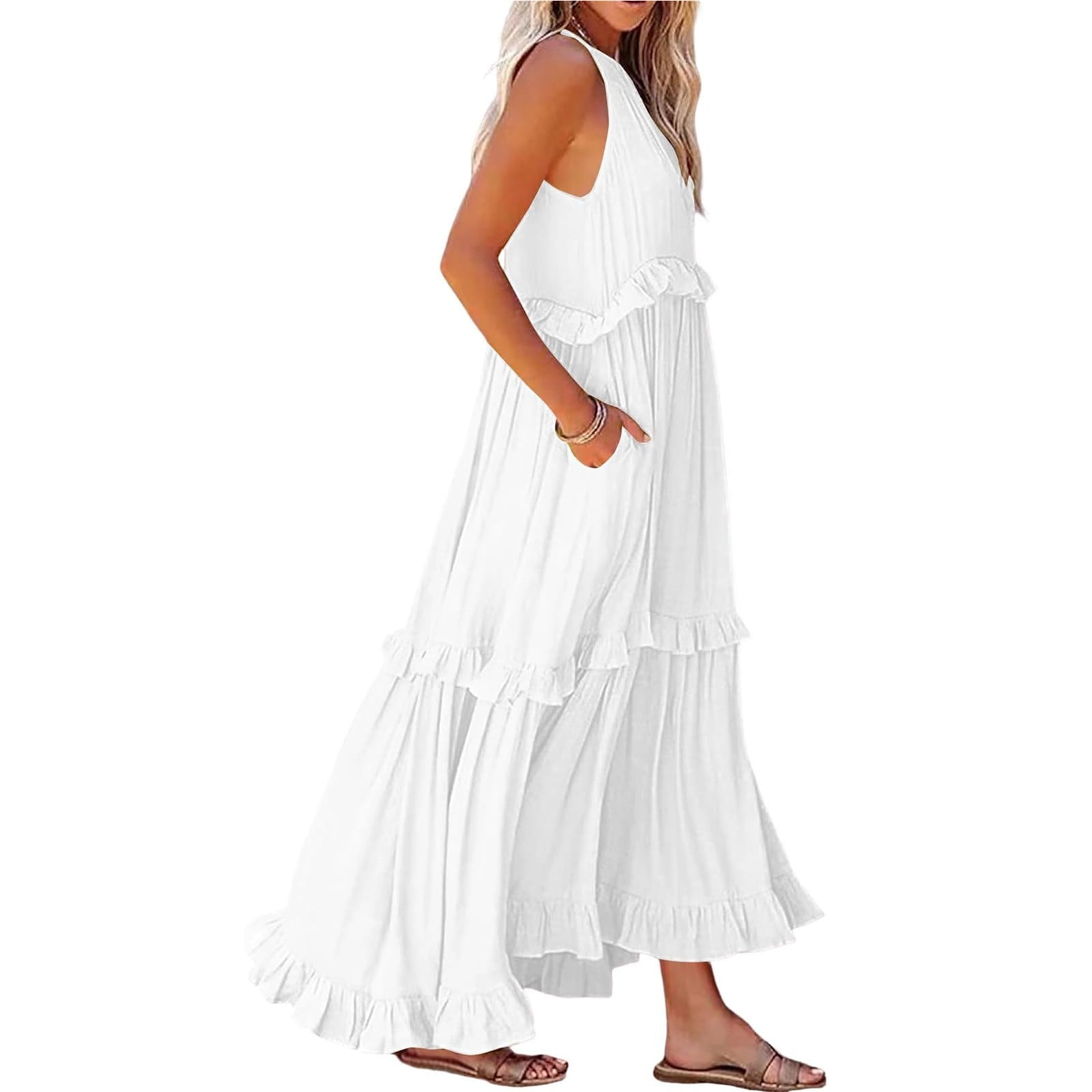 TQWQT White Dresses for Women Halter Neck Sleeveless Modest Maxi Dresses  Pastel Tiered Ruffle Maternity Dress Elegant Spring Outfits White L -  Walmart.com