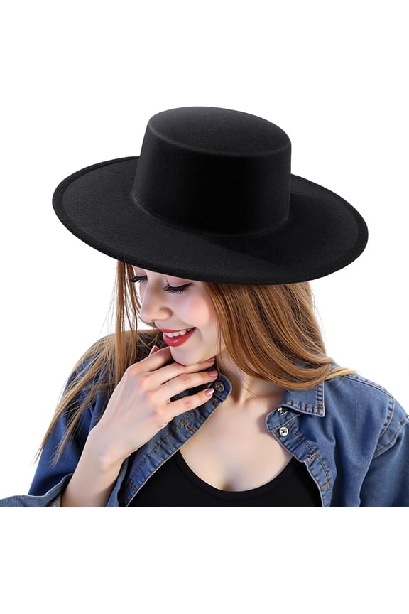 Fashion Classic Black Fedora Flat Hat, Wide Brim Jazz Hats Church Derby Cap for Women and Men Causal Wear