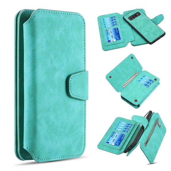 Bemz Clutch Series Compatible with Samsung Galaxy S10  Plus, PU Leather Wallet with Magnetic Detachable Case, 7 Card Slots, Zipper Pocket and Atom Cloth - Aqua Teal