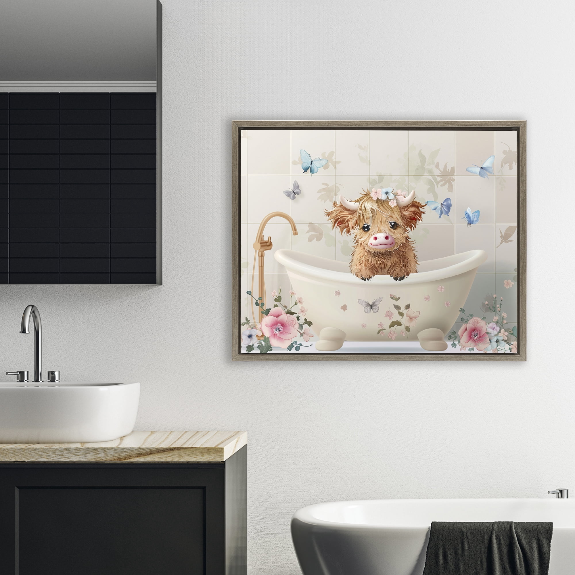 Baby Cattle in Floral Tub Brown Framed Floater Canvas Wall Art, design by Shawna Stewart