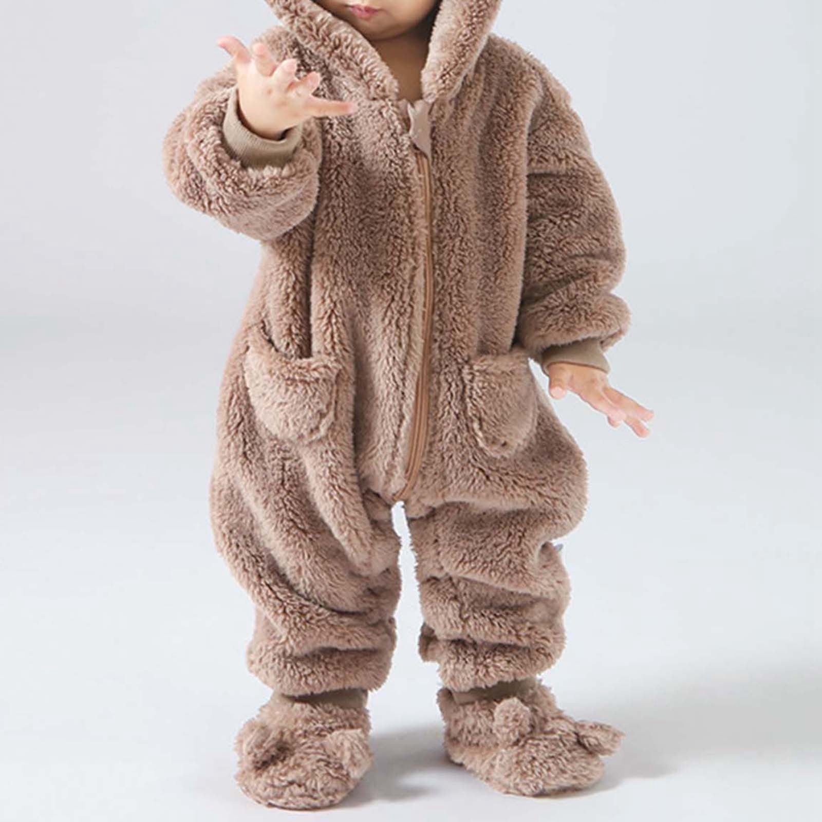 ibiyuan Baby Boy Fall Outfits,Baby Girls Long Sleeve Hooded Jumpsuit Romper Outfits Winter Warm Clothes,Khaki,12-18 Months