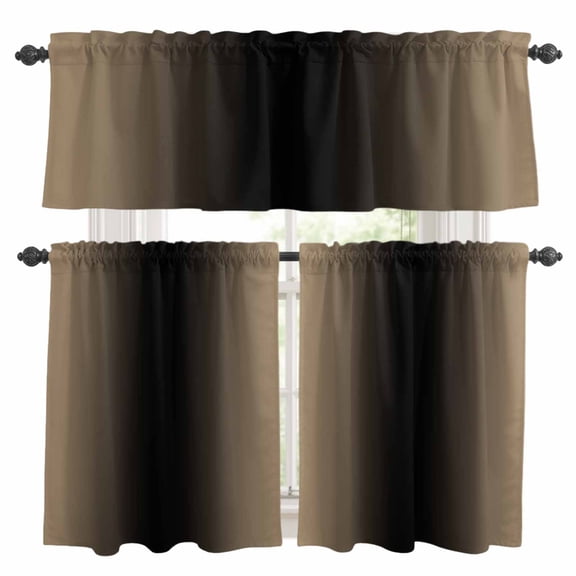 Beige Black Ombre Kitchen Curtains Sets for Windows 24 Inch Length, Modern Gradient Abstract Art Rod Pocket Window Treatments Tier Curtains and Valances Set for Bedroom/Bathroom