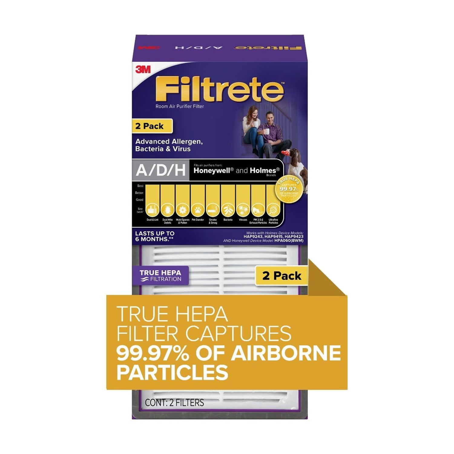 (4 pack) Filtrete Allergen, Bacteria & Virus True HEPA Room Air Purifier Filter, Replaces Size A/D/H Filters, 2 Pack