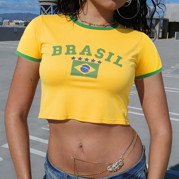 Trendfront Womens Brasil Flag Graphic Ringer Crop Top Crewneck Y2K Baby Tee Slim Fit Short Sleeve Going Out Casual Streetwear Shirt