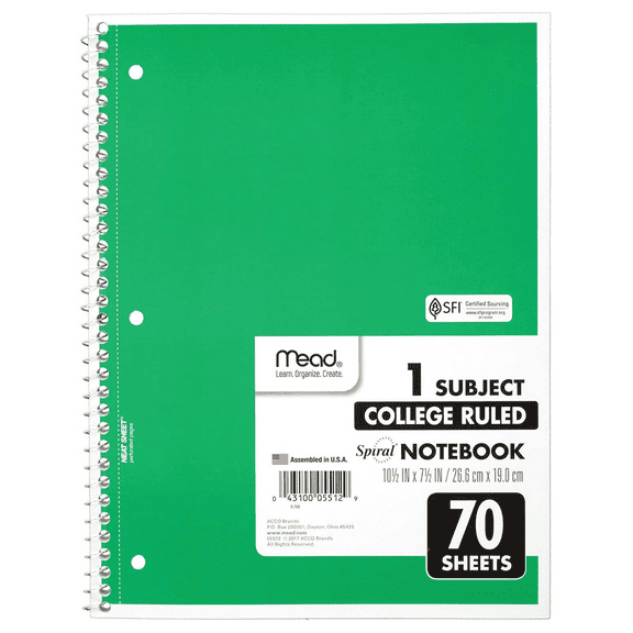 Mead 1-Subject Spiral Notebook [College Ruled]: 7-1/2 in. x 10-1/2 in. (Green) 70 sheets