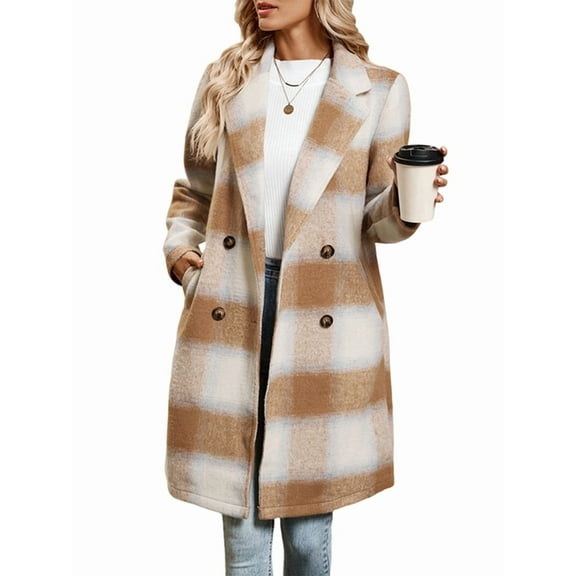 Women Long Jacket Trendy Fall Casual Button Wool Blend Tartan Trench Coat Winter Clothing with Pockets Khaki L