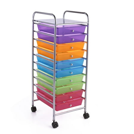 Jaxpety Rolling Storage Cart Unit Cabinet Multi-Bin School Home Office Organizer Assorted Colors Semi-transparent 10 Drawers