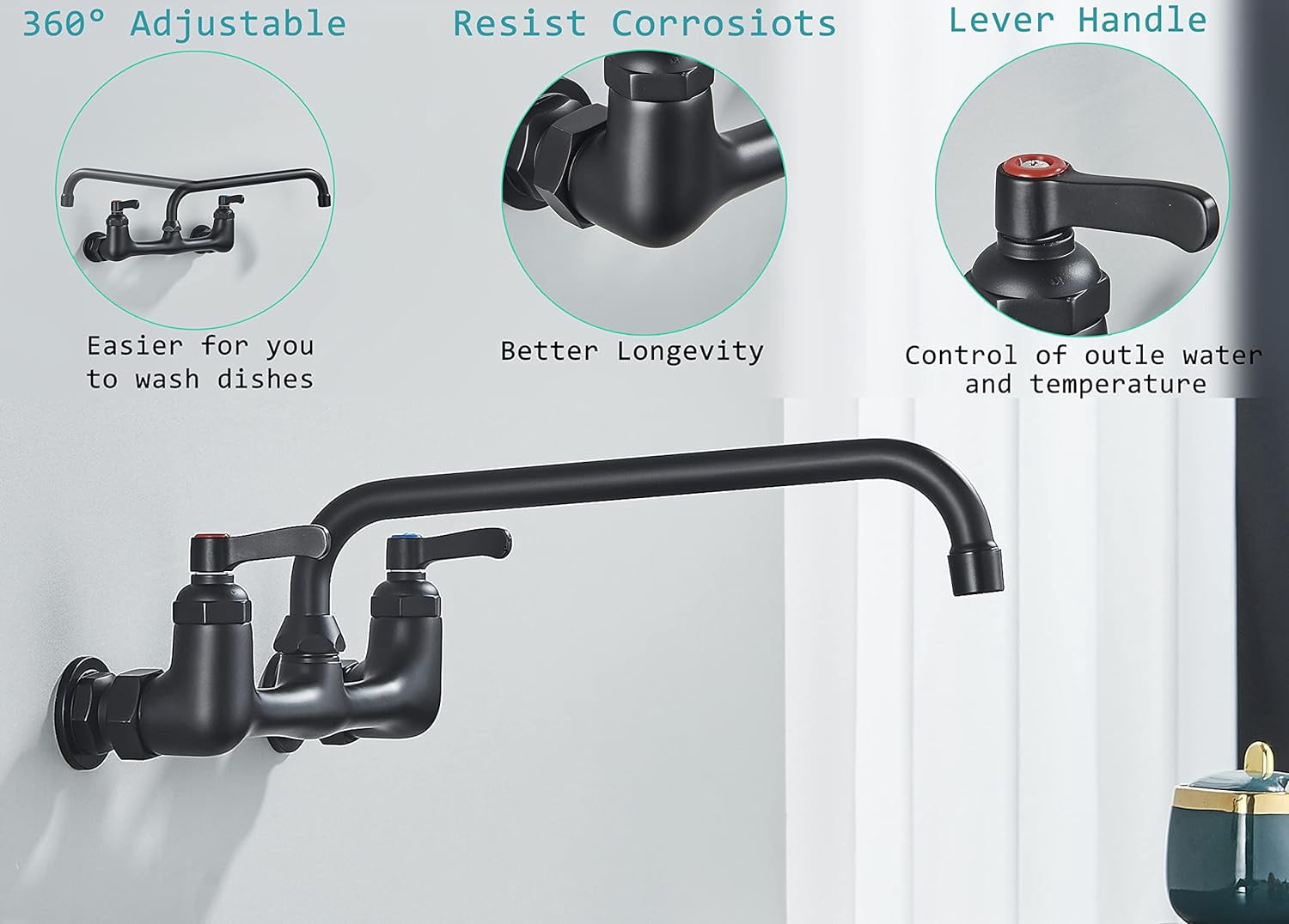 Zovajonia Kitchen Sink Faucet 8 Inch Center with 12 Inch Swivel Spout 2-Handle Wall Mount Kitchen Faucets for Home Restaurant Industrial Matte Black