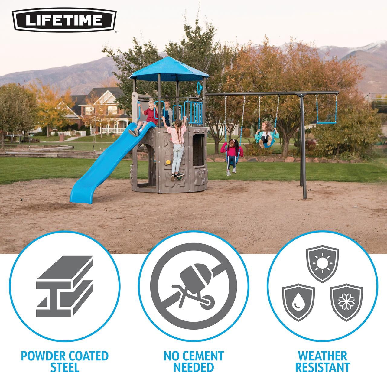 Lifetime Kid's Adventure Tower Swing Set with Slide, Belt Swings and Climbing Wall - Blue(91208)