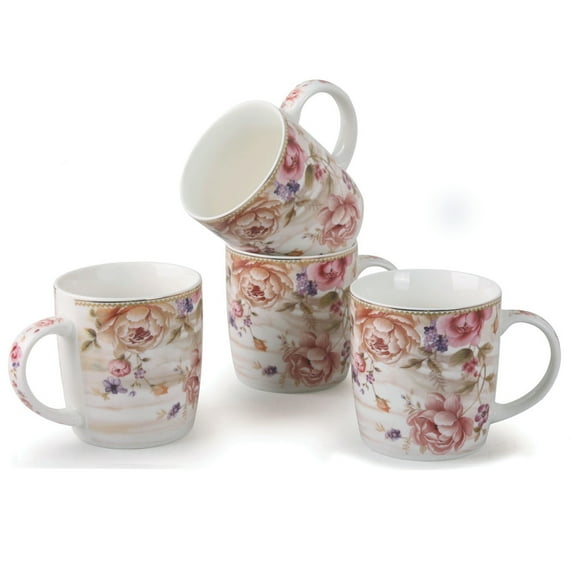 Set of 4 Mugs By Lorren Home Trends Pink Floral