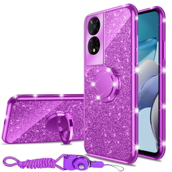 nancheng for TCL 50 XE / TCL 50 XE Nxtpaper 5G Phone Case Girls Women Cute Glitter Soft TPU Case with Ring Kickstand Strap Lanyard Bumper Shockproof Protective Cover - Purple
