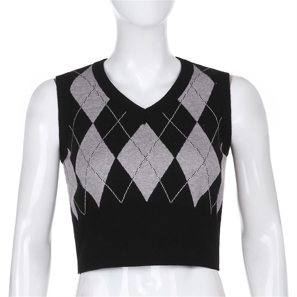 Women Girl College Style Diamond Plaid Knitted Vest Casual V-Neck Sleeveless Pullover Top (Pink, M