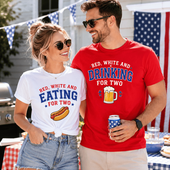 Pregnancy Announcement Matching Couple Comfort Colors Shirts, Eating For Two Drinking For Two Tee Set, 4th Of July BBQ Gift For New Parents