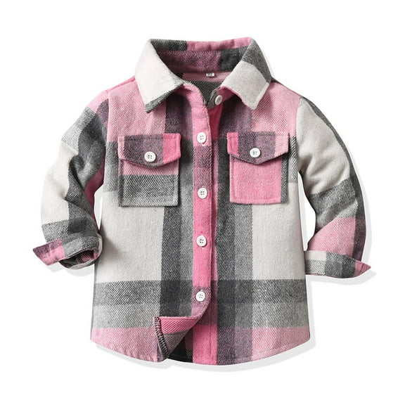 IVEYRTF Children Boys Girls Classic Flannel Button Shirt Jacket Plaid Long Sleeve Lapel Shacket Soft Fall Tops for Kids 1-9 Years(Pink#3,8 Years)