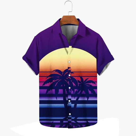 ALLLIST Hawaiian Men Shirts Collared Short Sleeve Button Down Shirts Purple Casual Men's Clothes