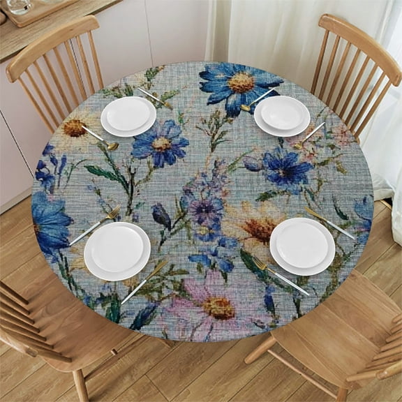 Autua Flowered Fabric Oil Painting Round Tablecloth Stain-Resistant 100% Polyester 31"-35