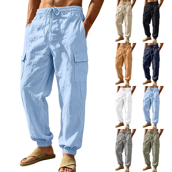 Homeyce Men's Drawstring Linen Pants with Elastic Waist Straight-Legs Pants with Pockets with Deep Pockets Long Pants Summer Beach Casual Loose Fit Linen Dress Trousers,Green M