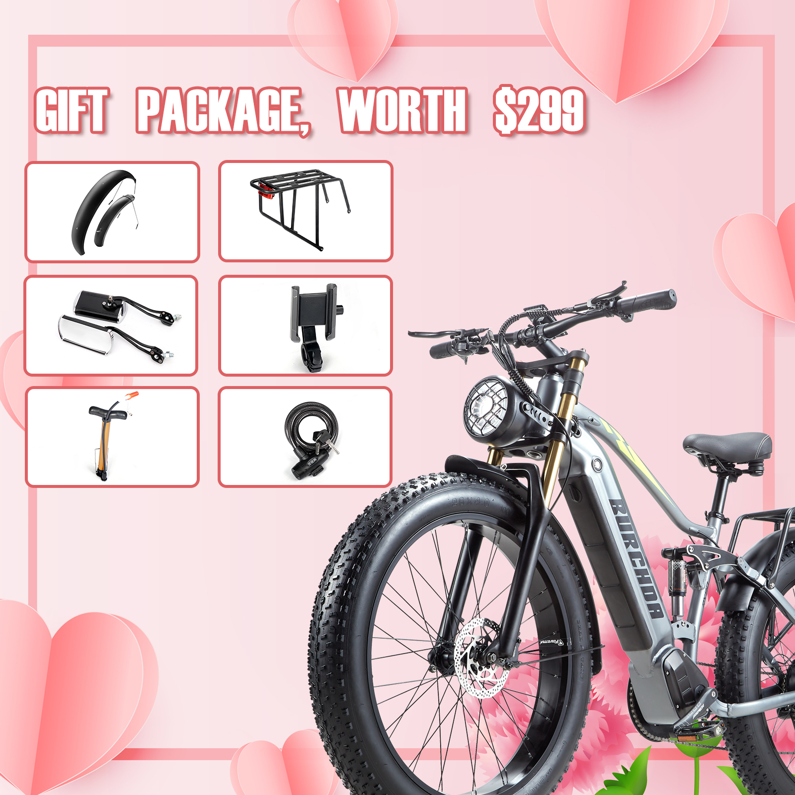 BIGUODIR Electric Bike Adults 1000W, 80Miles & 48V 20Ah Battery, 26" Fat Tire Full Suspension Ebike, 30MPH Long Range Off Road Mountain E Bike, 7 Speed Gears, Dual Hydraulic Disc Brakes