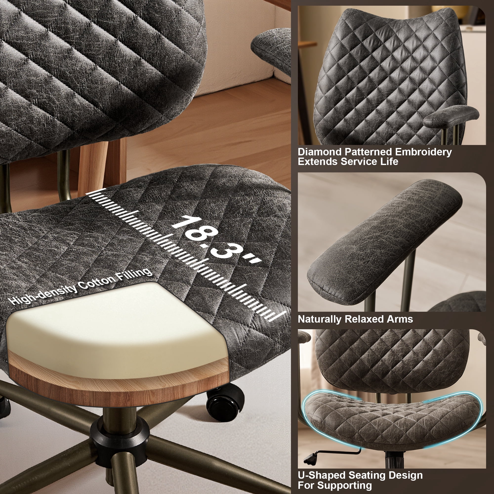 Toject Leather Office Chair, Mid Back Home Office Chair with Lumbar Support, Ergonomic Computer Chairs, Executive Desk Chairs with Thickened Cushions, Task Chairs for Office, Suede Leather, Gray