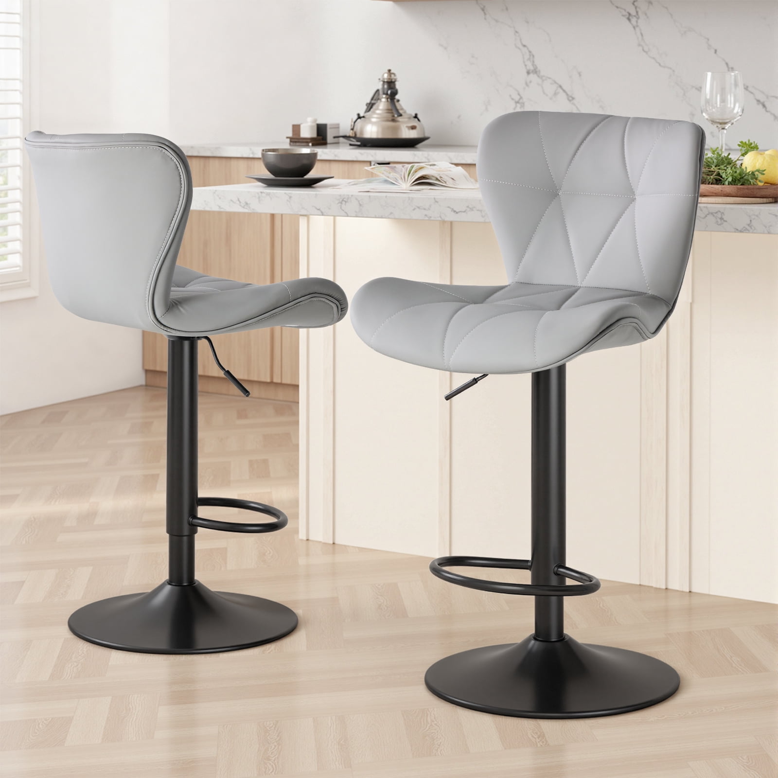 EDX Bar Stools Set of 2, Modern Adjustable Armless Swivel Counter Stools with PU Leather, Gray