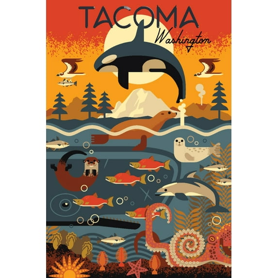 Tacoma, Washington, Marine Animals, Geometric (36x54 Giclee Gallery Art Print, Vivid Textured Wall Decor)