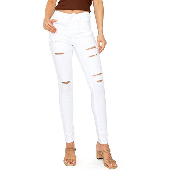 Wax Jean Womens Juniors High Rise Slash Distressed Skinny Jeans (White-Slash, 0 )