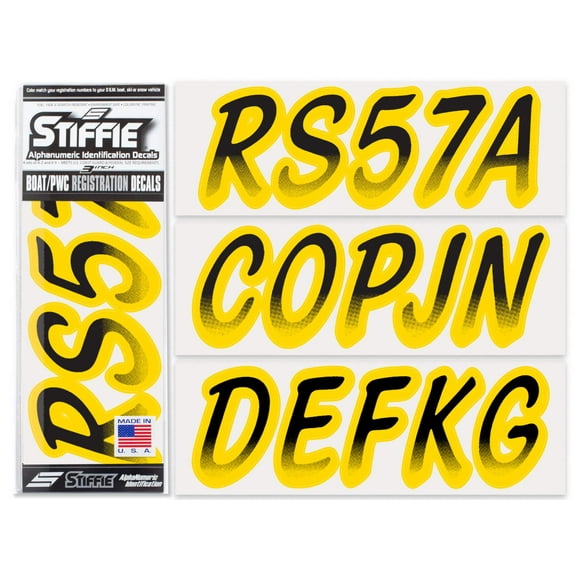 STIFFIE Whipline Black/Yellow 3" Alpha-Numeric Registration Identification Numbers Stickers Decals for Boats & Personal Watercraft