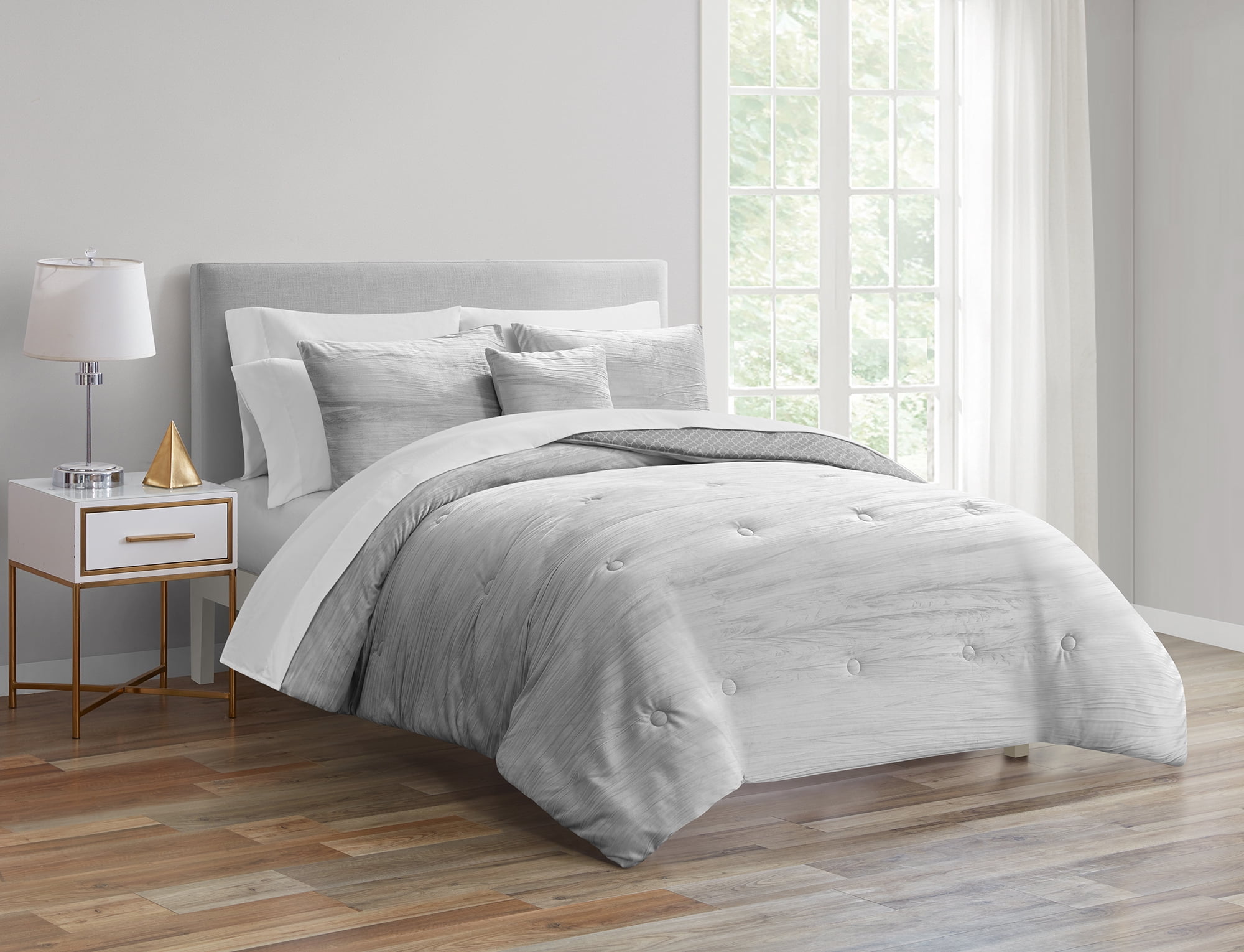 Mainstays 10 Piece Grey Crushed Velvet Bed in a Bag Comforter Set with Sheets, King