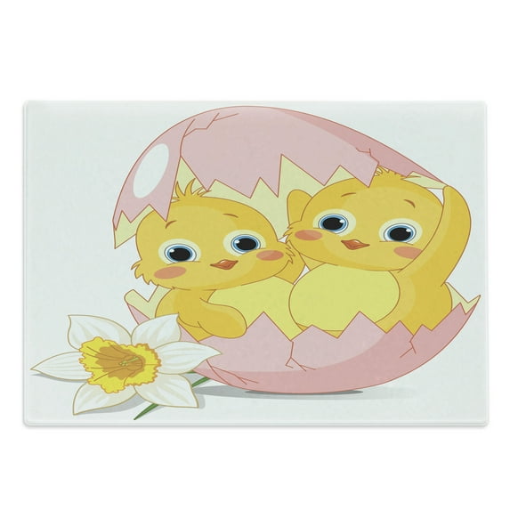 Easter Cutting Board, Daffodil Flower Petal and 2 Chicks in Cracked Egg Cartoon Nursery Themed Print, Decorative Tempered Glass Cutting and Serving Board, in 3 Sizes, by Ambesonne