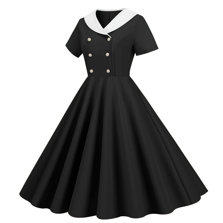 XFLWAM 1960s Dresses for Women Lapel Double Breasted Dress 50sVintage Polka  Dot Rockabilly Dresses Retro Tea Party Dress Black L