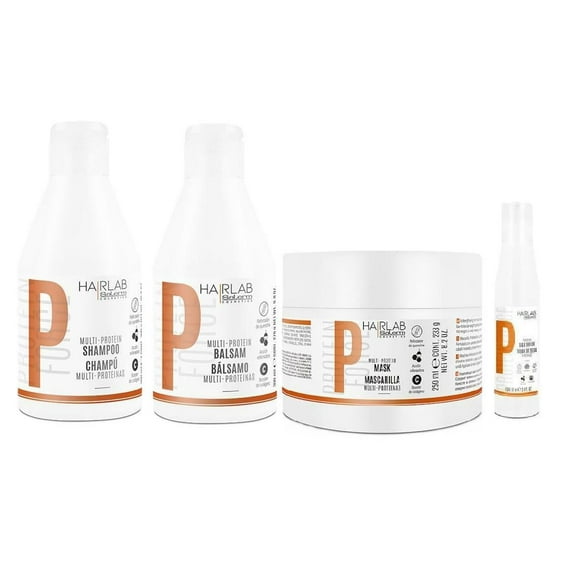 Salerm Cosmetics HAIRLAB MULTI-PROTEIN STRENGTHENING 4-PIECE KIT for Damage Hair, Shampoo 10.6oz Balsam 9.8oz Mask 8.2oz Silk Touch 2.4 fl.oz