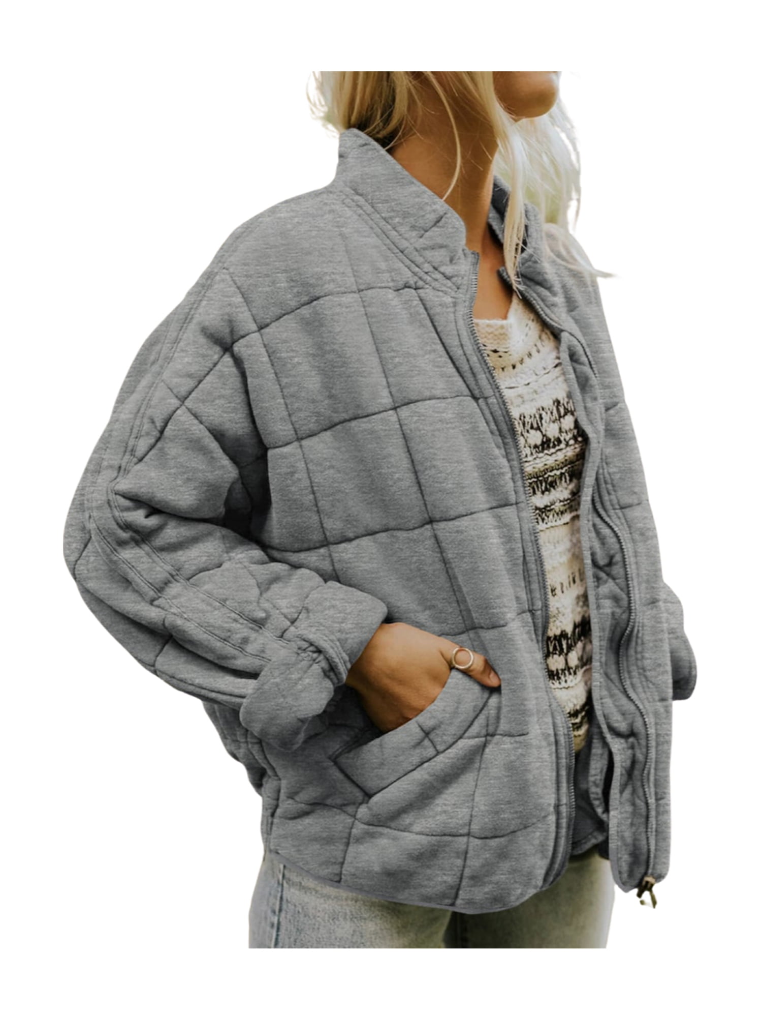 Kiapeise Women Dolman Lightweight Quilted Jackets Long Sleeve Zip Up