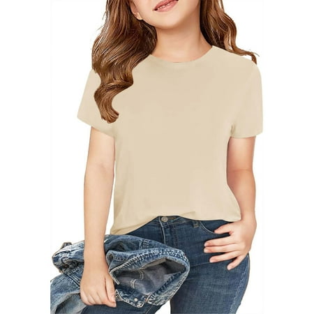 

LNWUY 2 Pc Boys Girls Cotton Short Sleeve Shirts with Round Neck Solid T-Shirt Soft Basic Tees Kids Comfy Breathable Athletic Tops Beige 9 Years