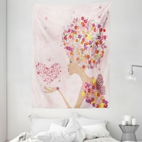 Pink Tapestry, Fashion Flowers Girl with Heart of Butterflies Wings Spring Theme Artistic Hand Drawn, Wall Hanging for Bedroom Living Room Dorm Decor, 60W X 80L Inches, Multicolor, by Ambesonne