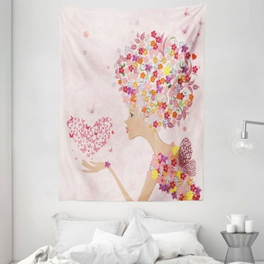 Pink Tapestry, Fashion Flowers Girl with Heart of Butterflies Wings Spring Theme Artistic Hand Drawn, Wall Hanging for Bedroom Living Room Dorm Decor, 60W X 80L Inches, Multicolor, by Ambesonne