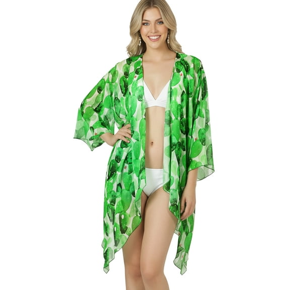 LA LEELA Women's Chiffon Summer Beach Bikini Cardigan Swimsuit Kimono Beachwear Duster for Women L-XL Shamrock, Leaves