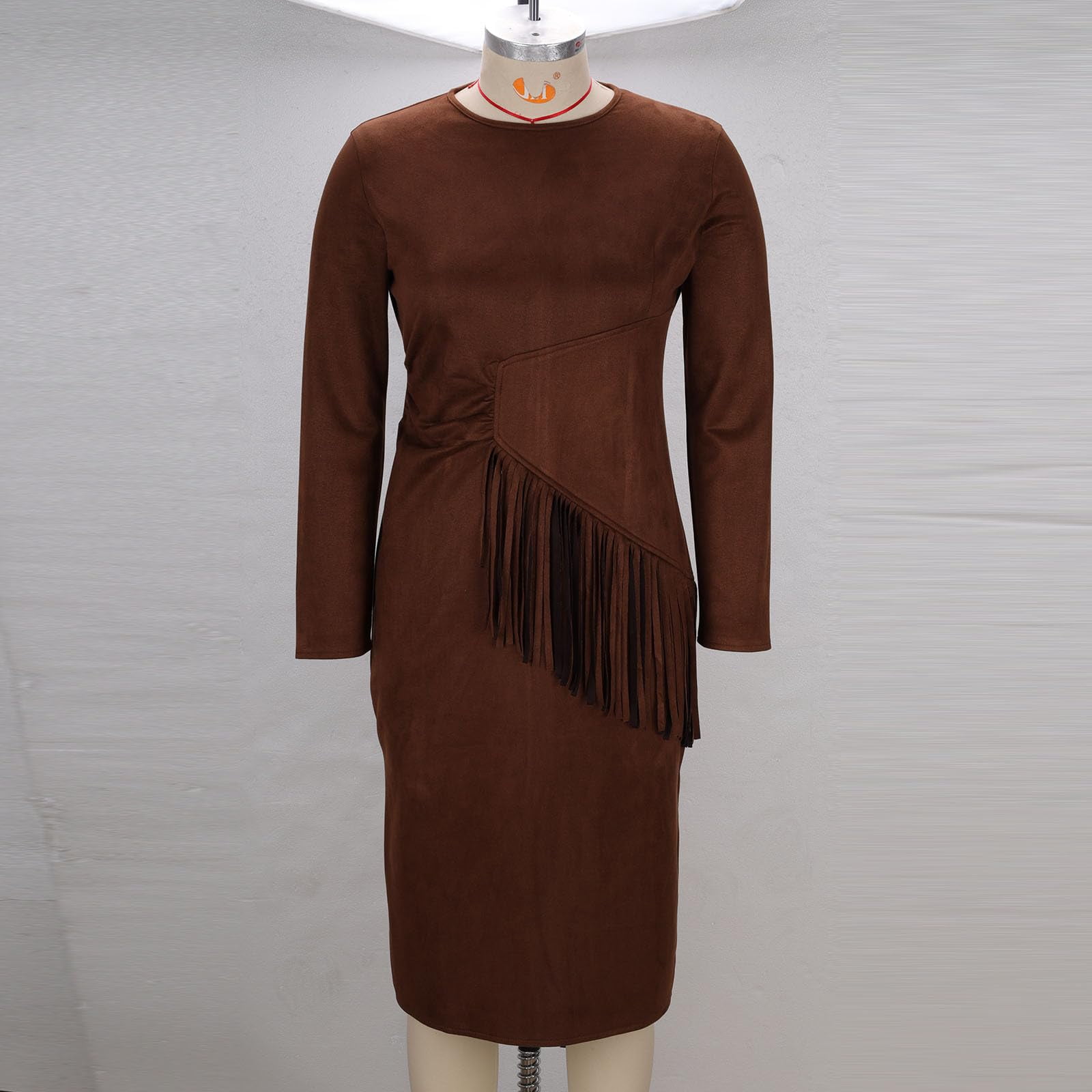 Womens Western Fringe Midi - Long Sleeve Faux Suede Boho Cowgirl Side Split Bodycon Dress with Asymmetrical Tassel Waist