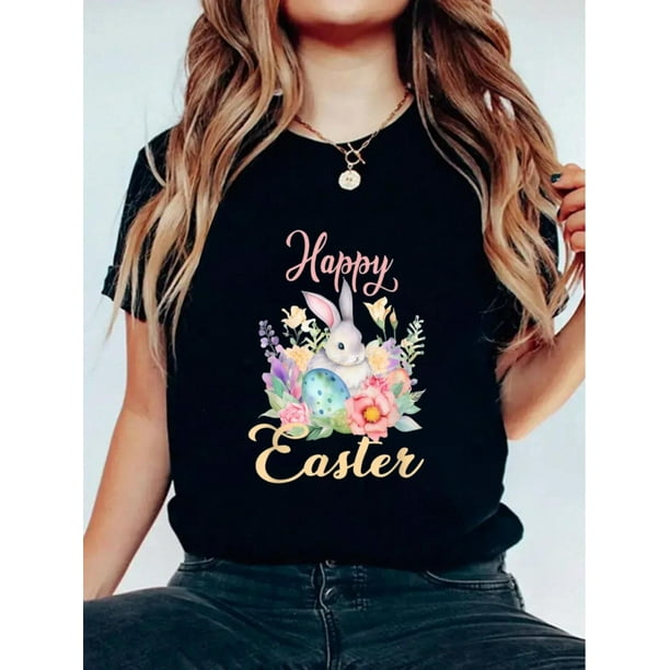 Camiseta con estampado de conejo y huevo de Pascua, cuello redondo, manga corta, suave, elegante y cómoda, para verano. Ideal para adultos, hombres y mujeres.