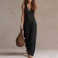 thumbnail image 4 of Women's Summer Cotton‑Linen Ruffle V‑Neck Sleeveless Wide‑Leg Jumpsuit Solid‑Color Casual One‑Piece Long Pants with Side Pockets Black M, 4 of 7