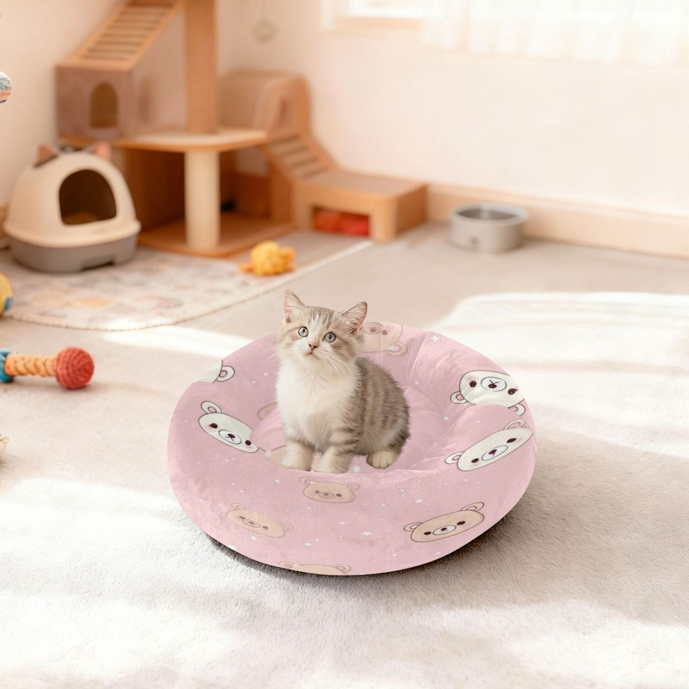 Iauyy Pet Couch Donut Cat Bed for Indoor Cats/Small Dogs Washable & Machine with Non-slip Bottom Calming Cat Furniture, Face Of The Little Bear (M)