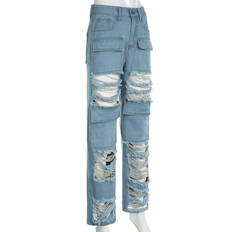 JWZUY Womens Ripped Jeans Straight Leg Jeans Y2k Stretchy