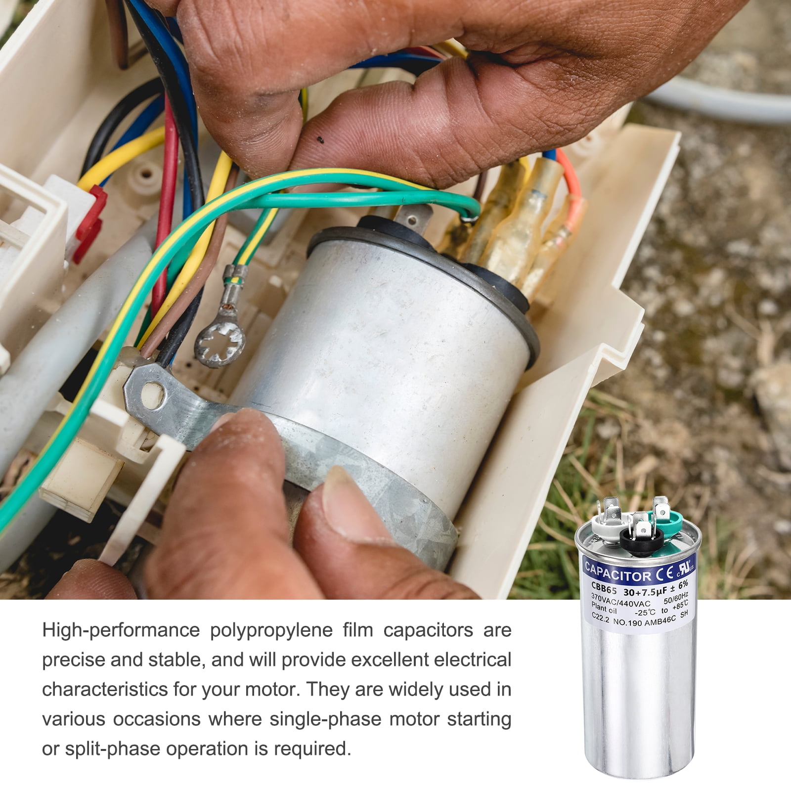 Uxcell 30+7.5 MFD CBB65 Run Start Capacitor 30+7.5 uF, 370/440V Round AC Capacitor for AC Motor Run, HVAC, Air Conditioner, Condenser Motors