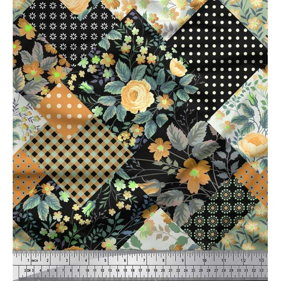 Soimoi Silk Fabric Dot,Floral & Check Patchwork Decor Fabric Printed Yard 42 Inch Wide